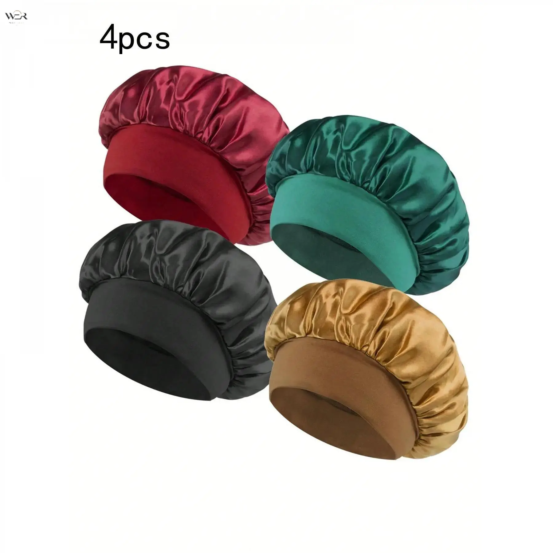 Soft Satin Silk Sleep Bonnet for Women, Wide Elastic Band Hair Protect Night Cap, Multi Color 4 Pack Large Reusable Hair Wrap Cap for Long Curly Hair Sleeping Hair Accessory
