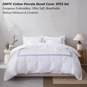 Hotel Luxury Style 3PCS Cotton Duvet Cover Set, Minimalist Embroidery Soft Breathable Bedding with Zipper Closure & Corner Ties, Fits Queen & King Size