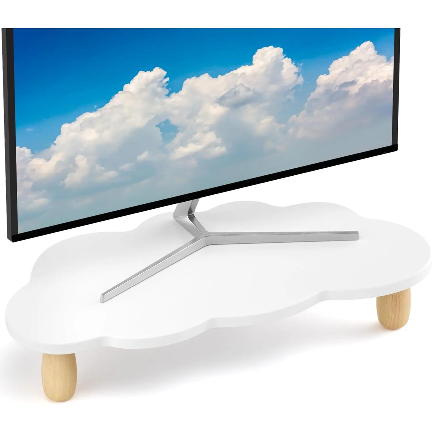 16.5IN Cloud Shape Wood Monitor Stand Riser Multi-Purpose Desktop Organizer Riser for Computer Laptop Printer TV White
