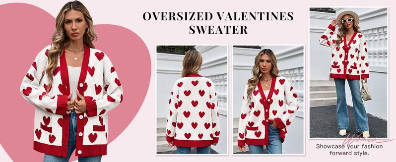 Saodimallsu Womens Oversized Heart Cardigan Color Block V Neck Button Long Sleeve Chunky Valentines Sweaters with Two Pockets & Contrast Trim