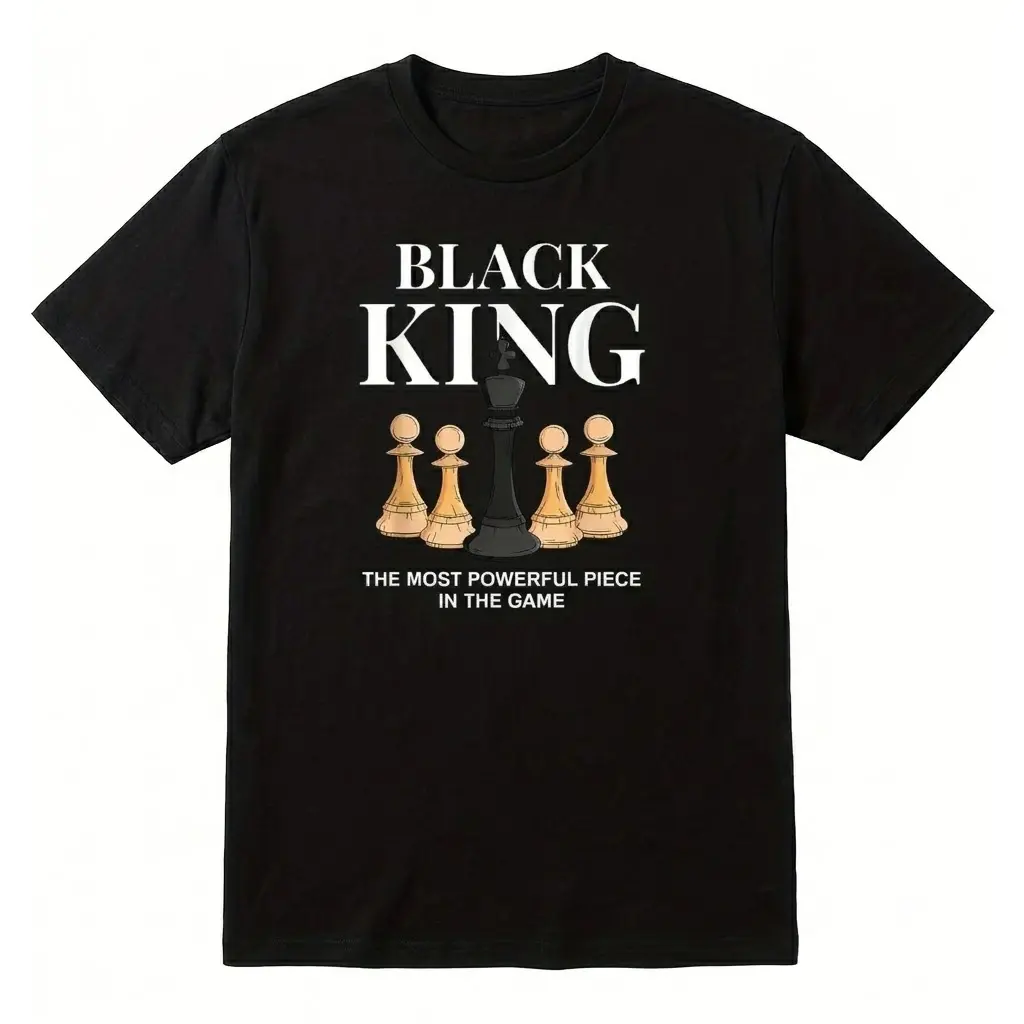 Men's Cotton Graphic Short-Sleeve Tee, Relaxed Fit Casual Sports Top with 'The Most Powerful Piece' Chess Black King Print, Crew Neck Apparel, Shortsleeve