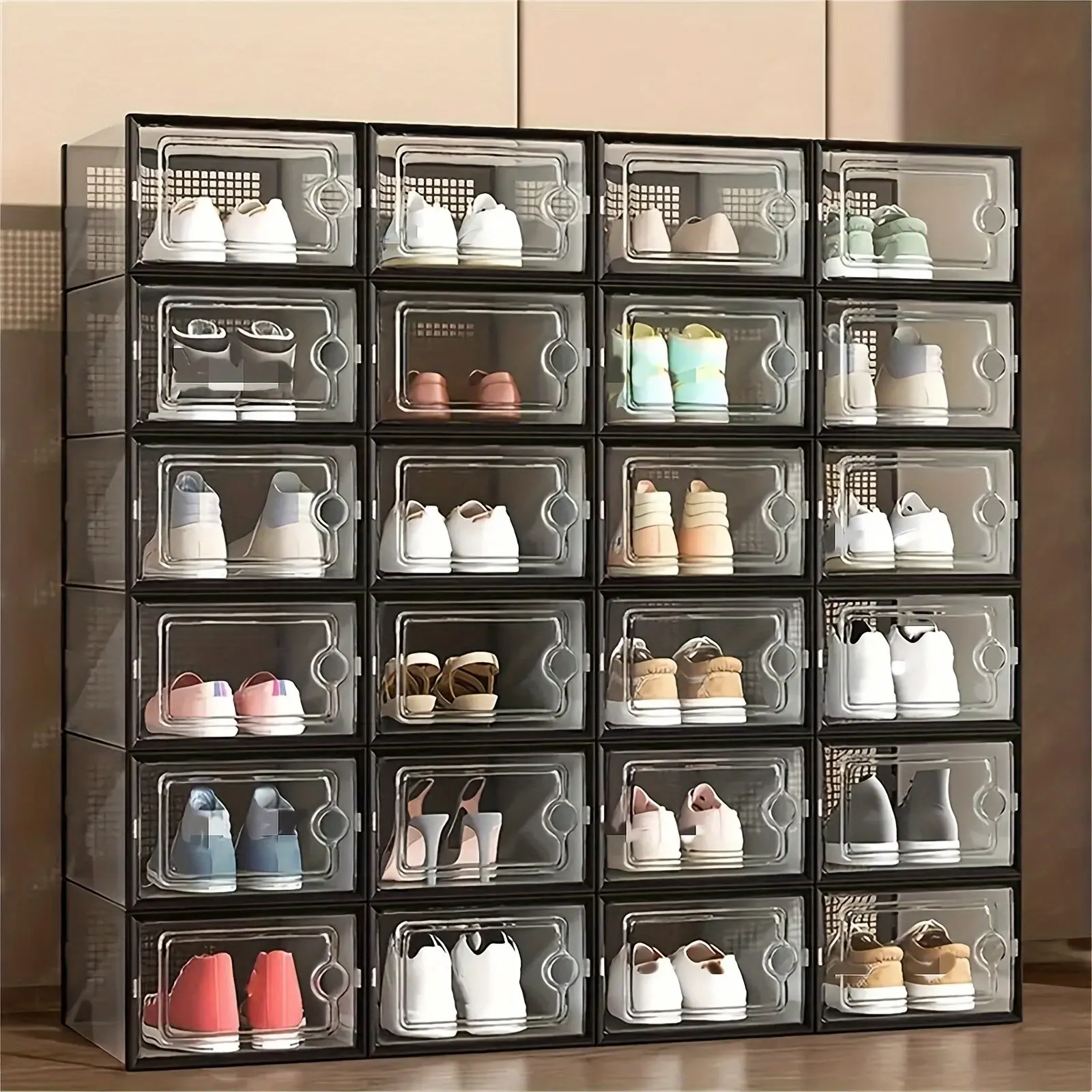 6/12/24pcs Thick Transparent Shoe Box with Lid, Foldable Stackable Shoe Rack, Space Saving Storage Organizer, Free Combination Plastic Sports Shoe Container for All Shoe Types, Ideal for Foyer Bedroom Home Dormitory