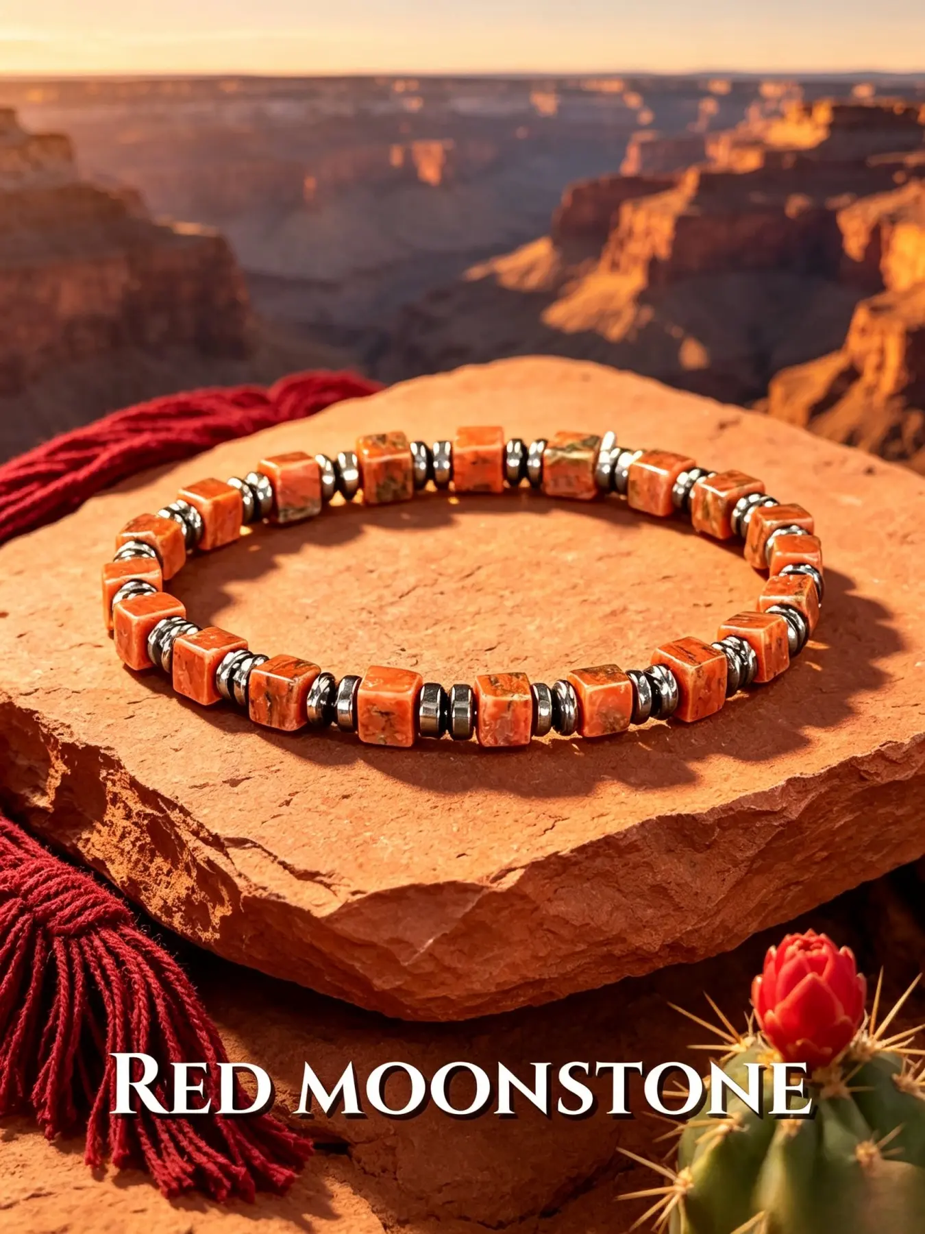Cube Shaped Red Moonstone Beaded Bracelet With Polished Hematite Spacer Beads, Elastic Stretch Wristband, Rust-Orange Natural Stone Jewelry, Unisex Accessory For Daily Casual Office Wear, Nice Present For Gemstone Enthusiasts