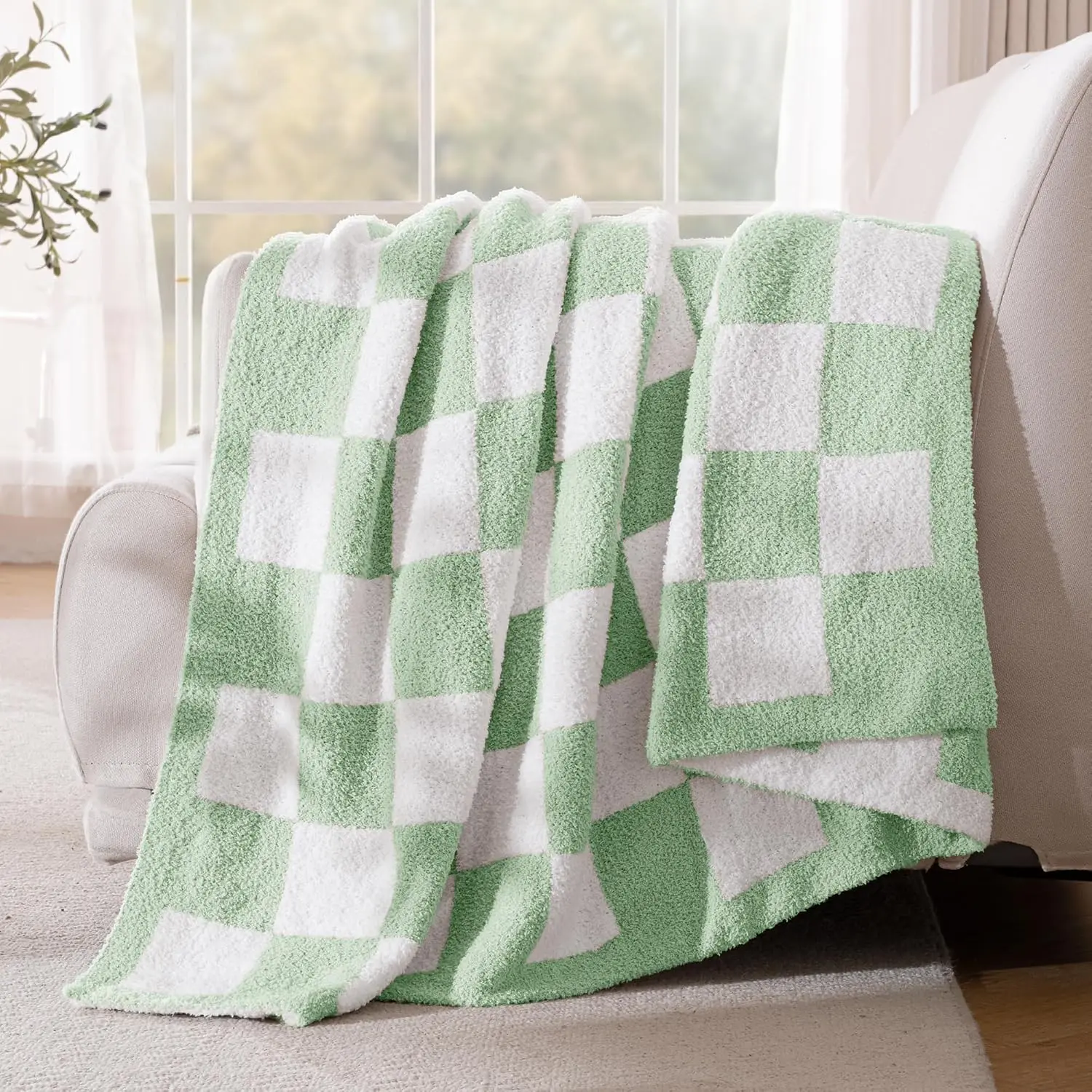 Checkered Knit Throw Blanket, Ultra Soft and Warm Reversible Woven Blankets, Cozy Snuggly Throw for Couch Bed and  Decor, Sage Green, 50"x60"