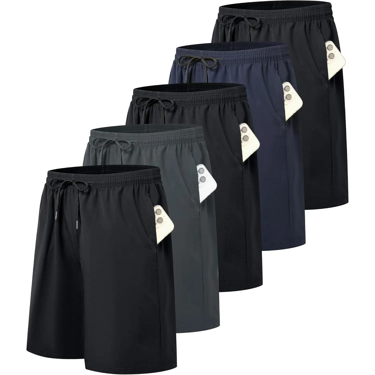 Men's 5-Pieces 7-Inch Athletic Running Shorts - Mesh Polyester, Quick-Dry, Breathable, Stretch Waist, Athletic Cut, Side Pockets, Active, Ideal for Gym, Soccer, Lightweight, Gift-Worthy