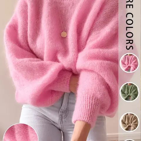 Women's Solid Color Loose Knit Sweater, Casual Everyday Round Neck Pullover for Fall & Winter, Perfect for Daily Commute, Autumn Travel and Vacation, Knitwear