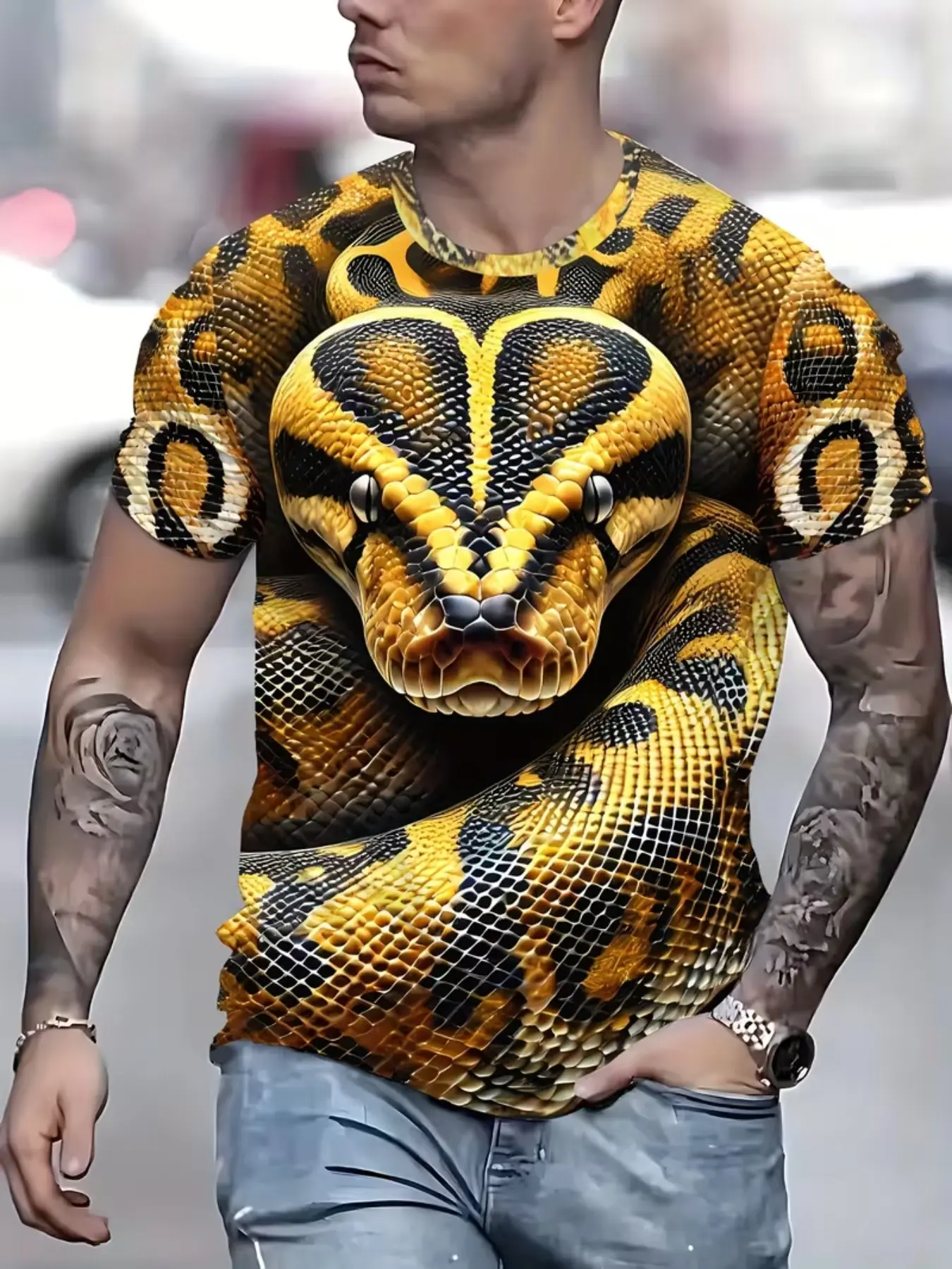 Men's Short Sleeve T-Shirt, 3D Gold Python Print, Soft Breathable Material, Ideal for Summer, Outdoor Activities, Fitness Enthusiasts
