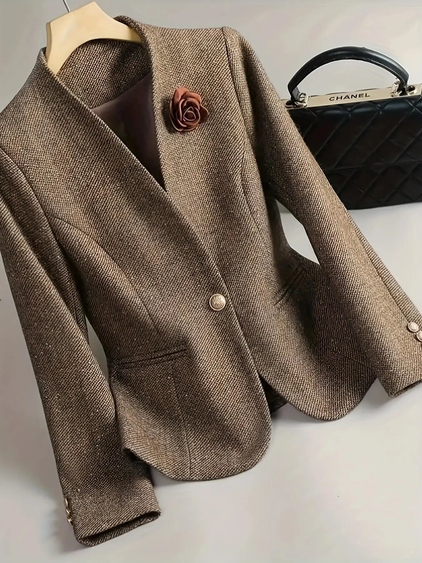 Women's Solid Color Woven Collarless Blazer, Slim Fit One-Button Long Sleeve Workwear Jacket for Office