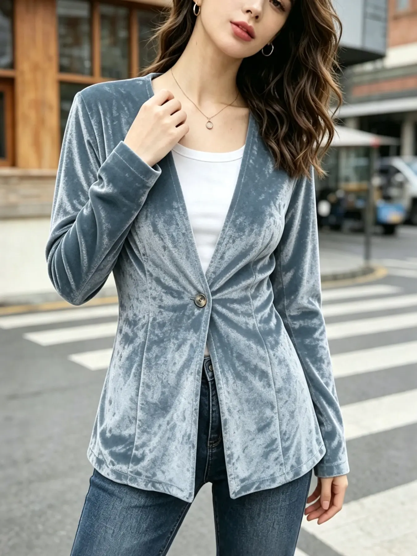 Women's Velvet Long Sleeve Blazer, Elegant Slim Fit Waistcoat, V Neck Single Metal Button, Suitable for Business and Casual Events
