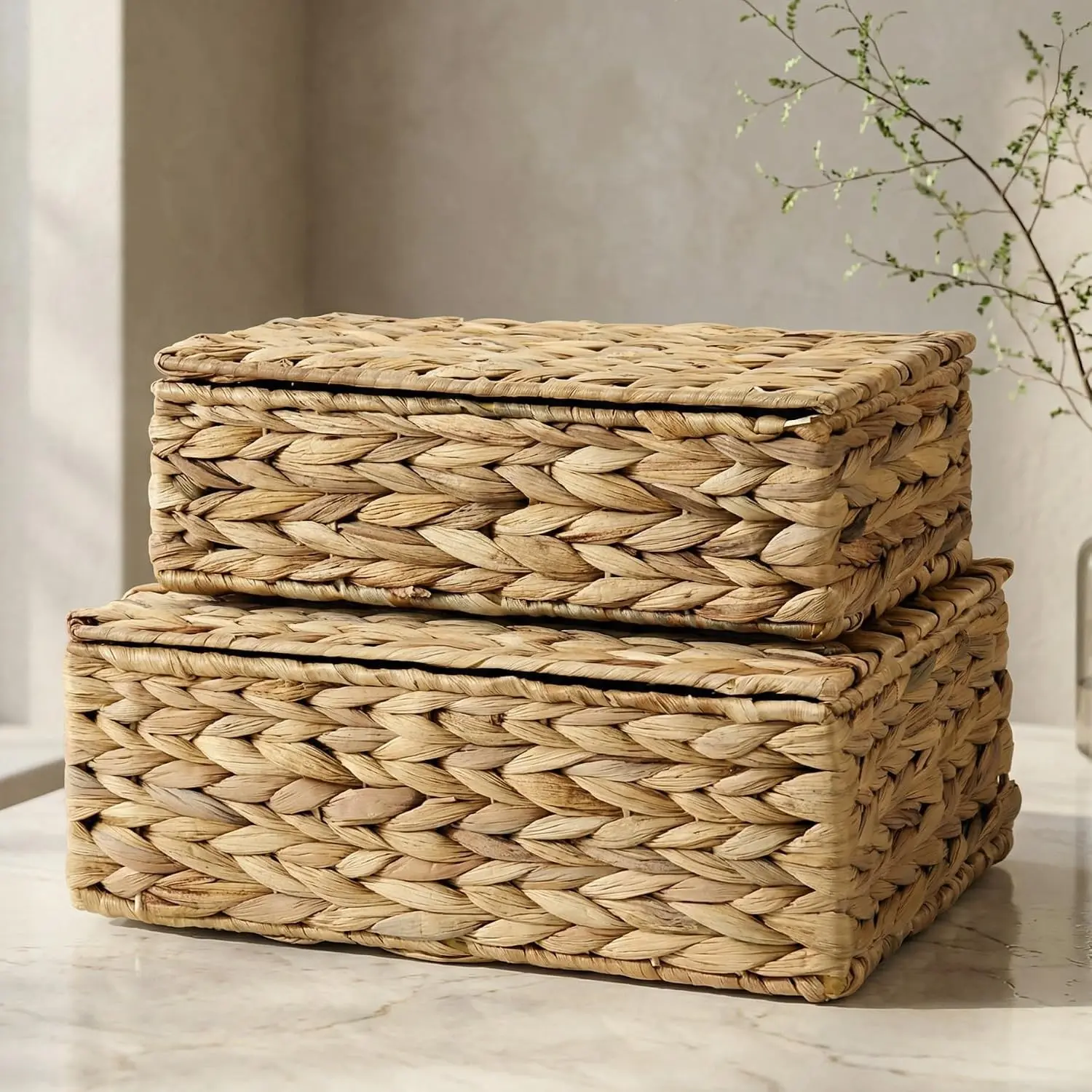 Decorative Storage Boxes with Lids - Set of 2 Beautiful Wicker Organizer Bins for Your Shelves & Home Decor - Safely Store Your Photos, Documents, and Memory Box Keepsakes in a Stylish Rattan Design
