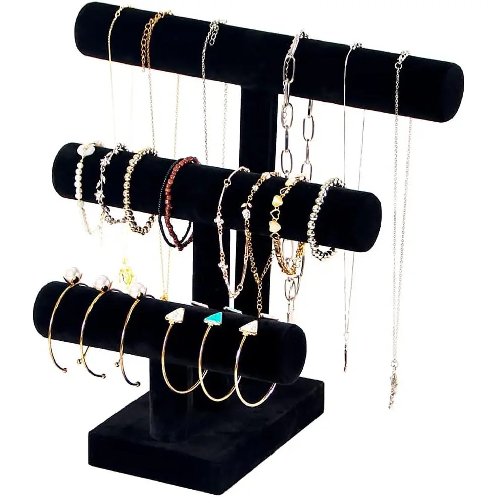 3-Tier Plastic T-Bar Jewelry Organizer Stand - Home Organizer Hook for Bracelets, Necklaces, Bangles, Scrunchies (Black)