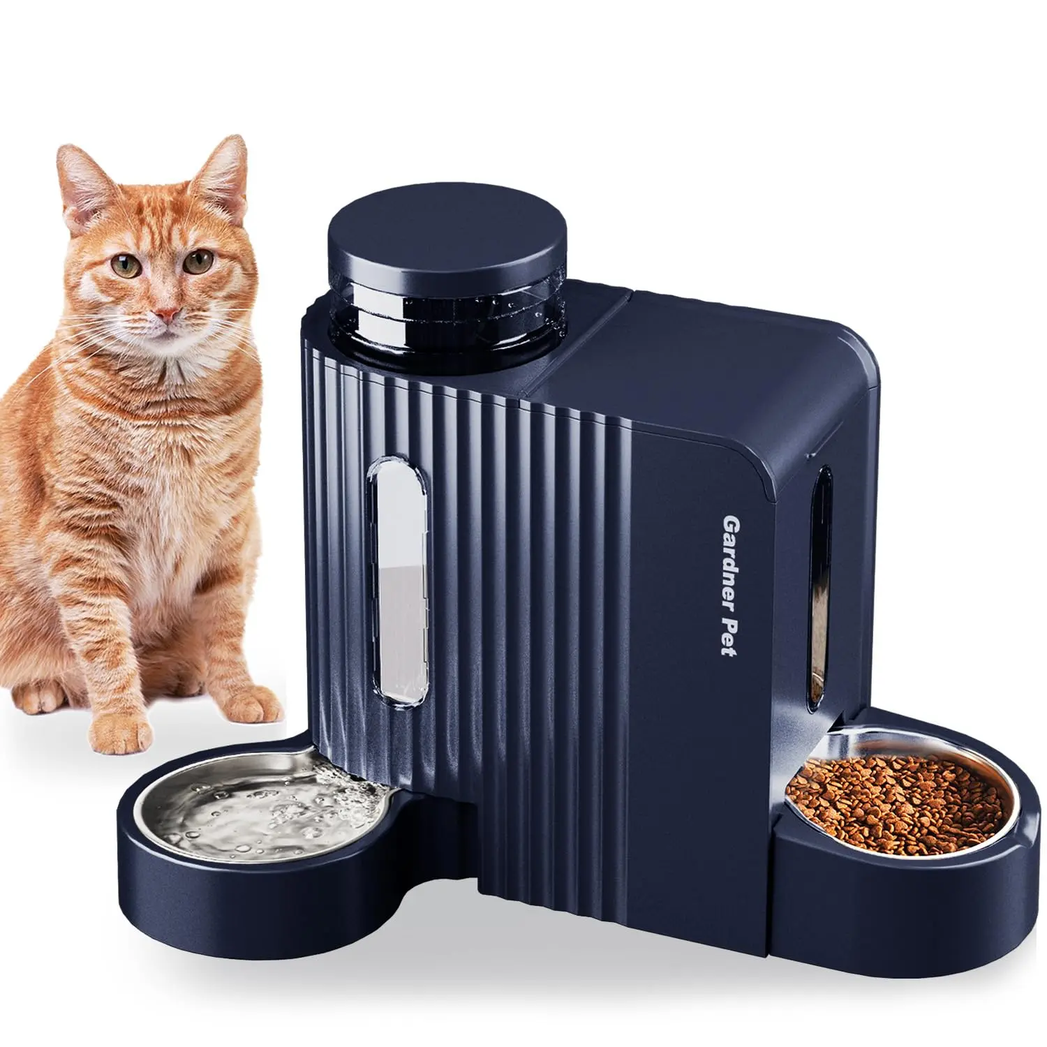 Gardner Pet Gravity Cat Food Feeder and Water Dispenser Stainless Steel Bowls Two-in-One Set Large Capacity Automatic Feeder for Pets Dogs, Puppies, Kittens-(0.8 Gallons x 2)