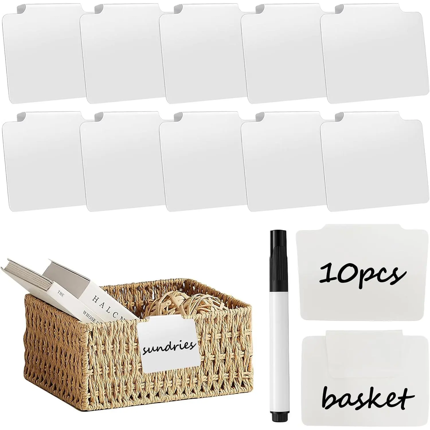 10 count Basket Labels,Clip  PVC Labels with Pen for Storage Bins, Removable Label Holders,Basket Tags