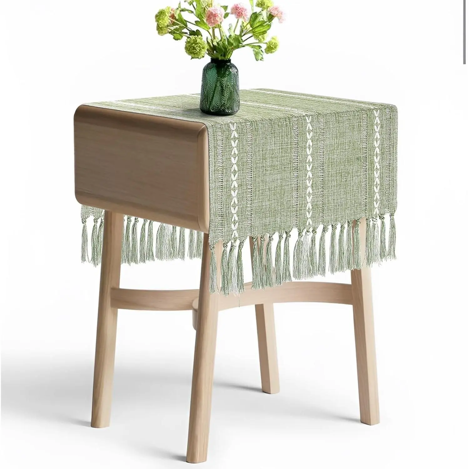 Boho Table Runner Short 15.7 x 36 inch, Spring Sage Green Coffee Table Cover, Green Linen Small Table Cloth, Dresser Runner Scarf for Nightstand, Bedside End Table, Rustic Farmhouse Summer Home Decor