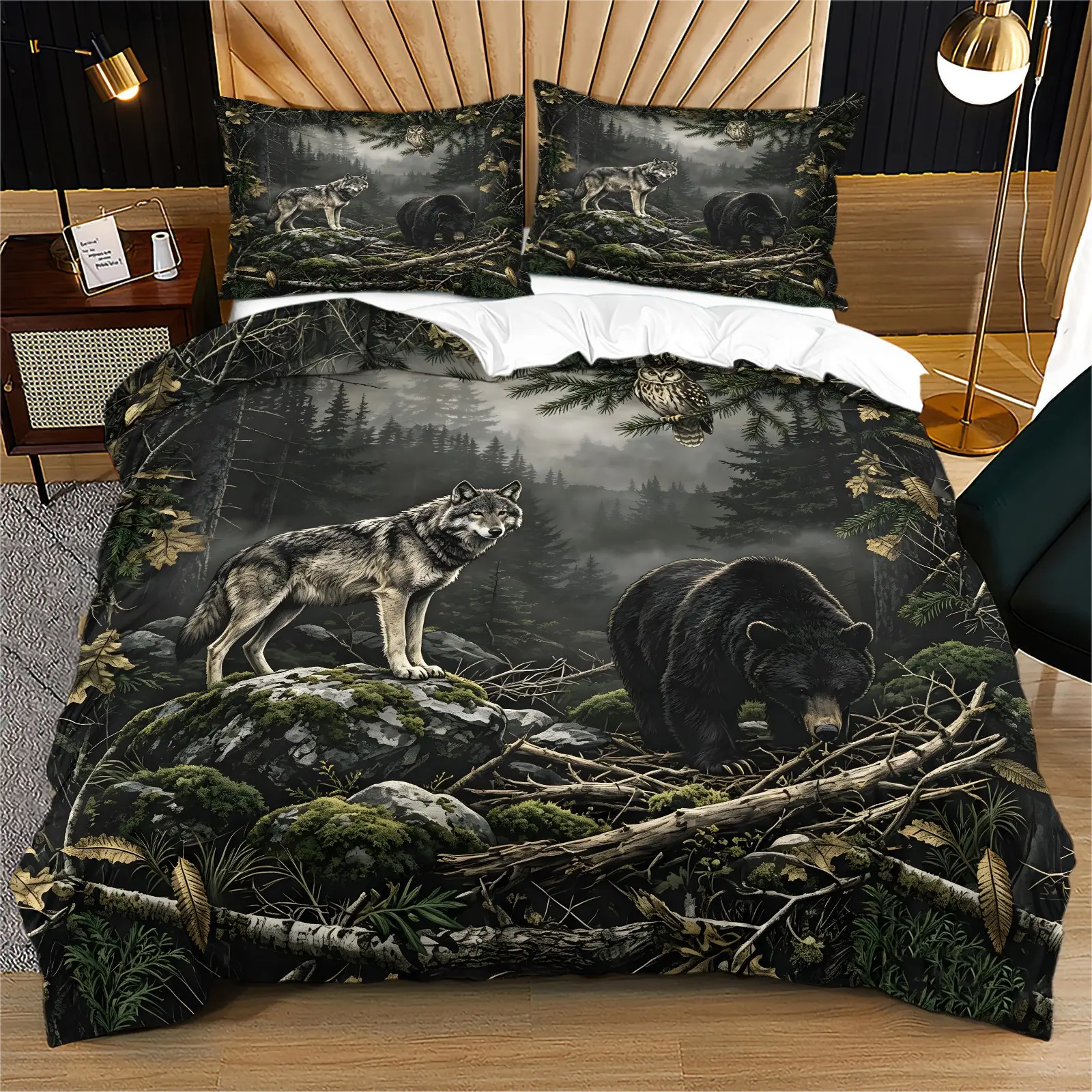 Forest Wildlife Duvet Cover Set, Vintage Misty Forest Wolf Black Bear Owl Nature Digital Print Bedding Set, Soft Breathable Decorative Bedroom Duvet Cover, Includes 1/2 Pillowcases - without Core, Soft Bedding Sets