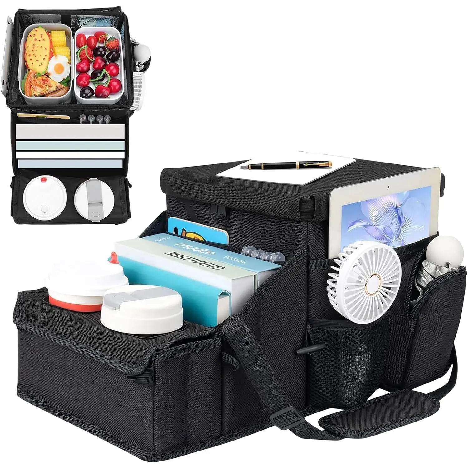 Car Hop Front Seat Organizer with Cup Holder, Movable Divider & Side Pockets, Passenger Seat Storage Caddy for Road Trip, Travel, Work or Kids, Fits Cars Trucks SUVs