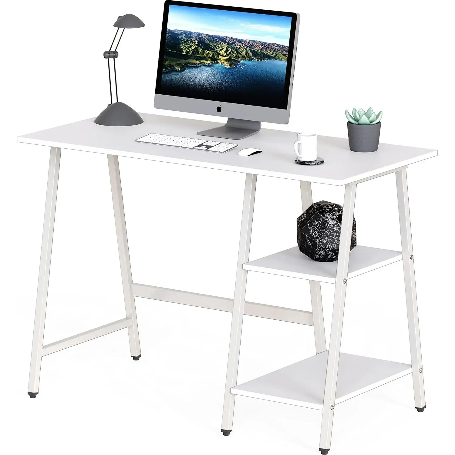 43-Inch Trestle  Desk with Open Storage Shelves, White | w/ Adjustable Glides