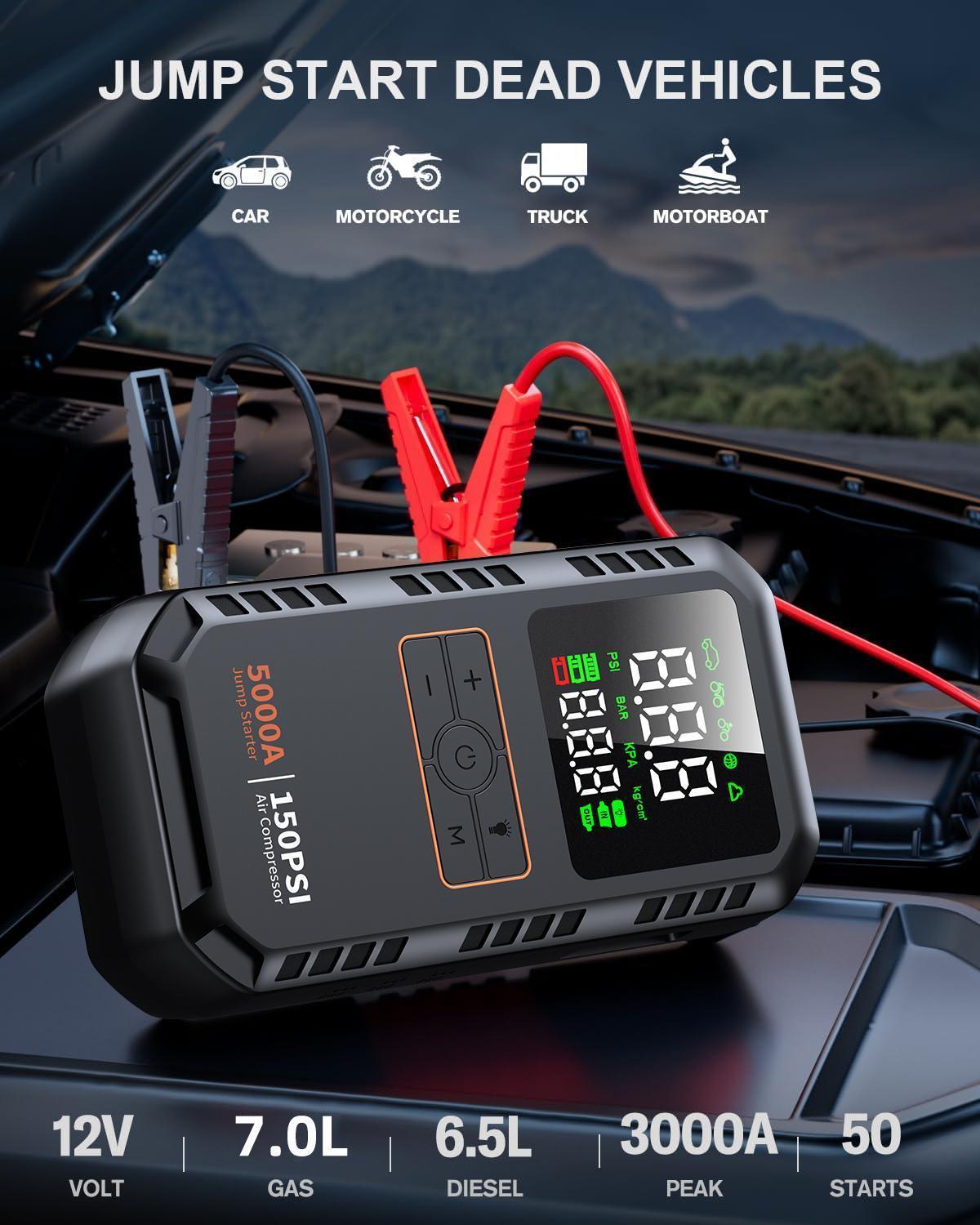 5000A 150PSI Car Jump Starter with Air Compressor Auto Tire Inflator Large LCD Display LED Light Portable 12V Battery Booster Power Pack Quick Jump Start for Gasoline Diesel Vehicles Universal for Cars SUVs Trucks Bikes Motorcycles RVs Boat Tires Multi Sa