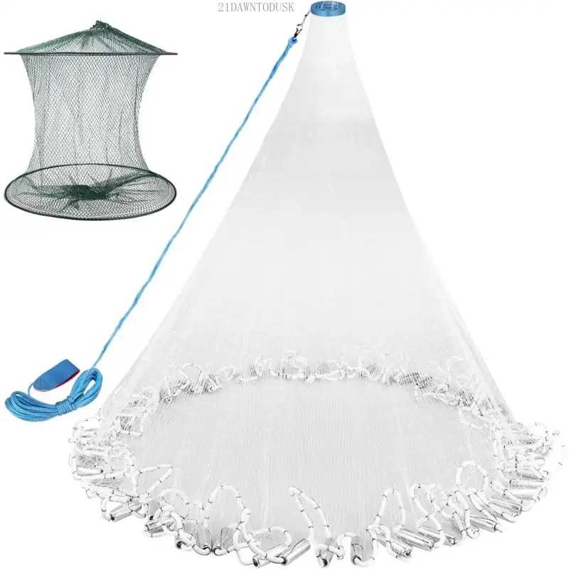 Cast Net for Fishing with Shrimp Cage, Freshwater Saltwater 3/4/5/6/7/8/9/10Ft Radius Casting Net Bait Trap Fish, Heavy Duty Sinker, 3/8 Inch Mesh Size21DAWNTODUSK