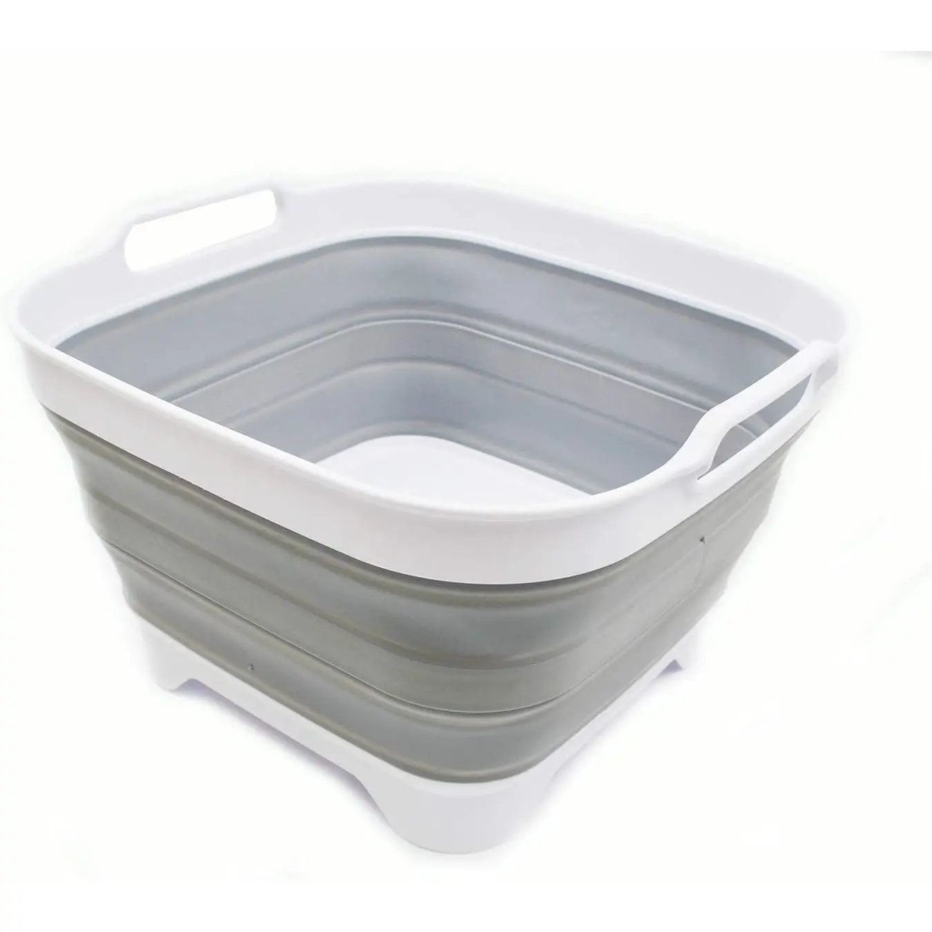 10L (2.64 gallon) Collapsible Dishpan with Draining Plug - Foldable Washing Basin - Portable Dish Washing Tub - Space Saving Kitchen Storage Tray (1, White/Grey)