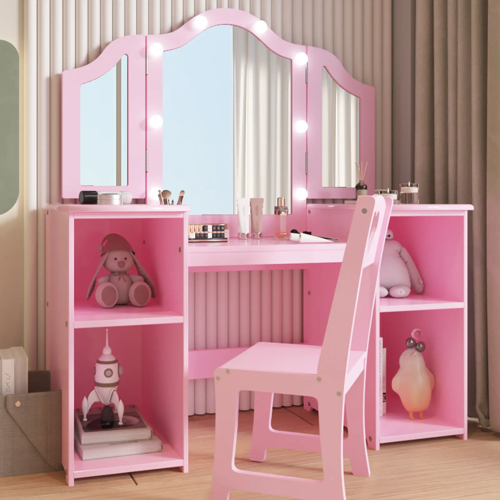 Wooden 2‑in‑1 Kids Vanity Table and Stool Set for Girls, Tri‑Fold Light‑Up Mirror, Detachable Tabletop, Storage Drawer and Shelves, Convertible Makeup Dressing‑to‑Writing Desk, Princess Pretend‑Play Toy Gift
