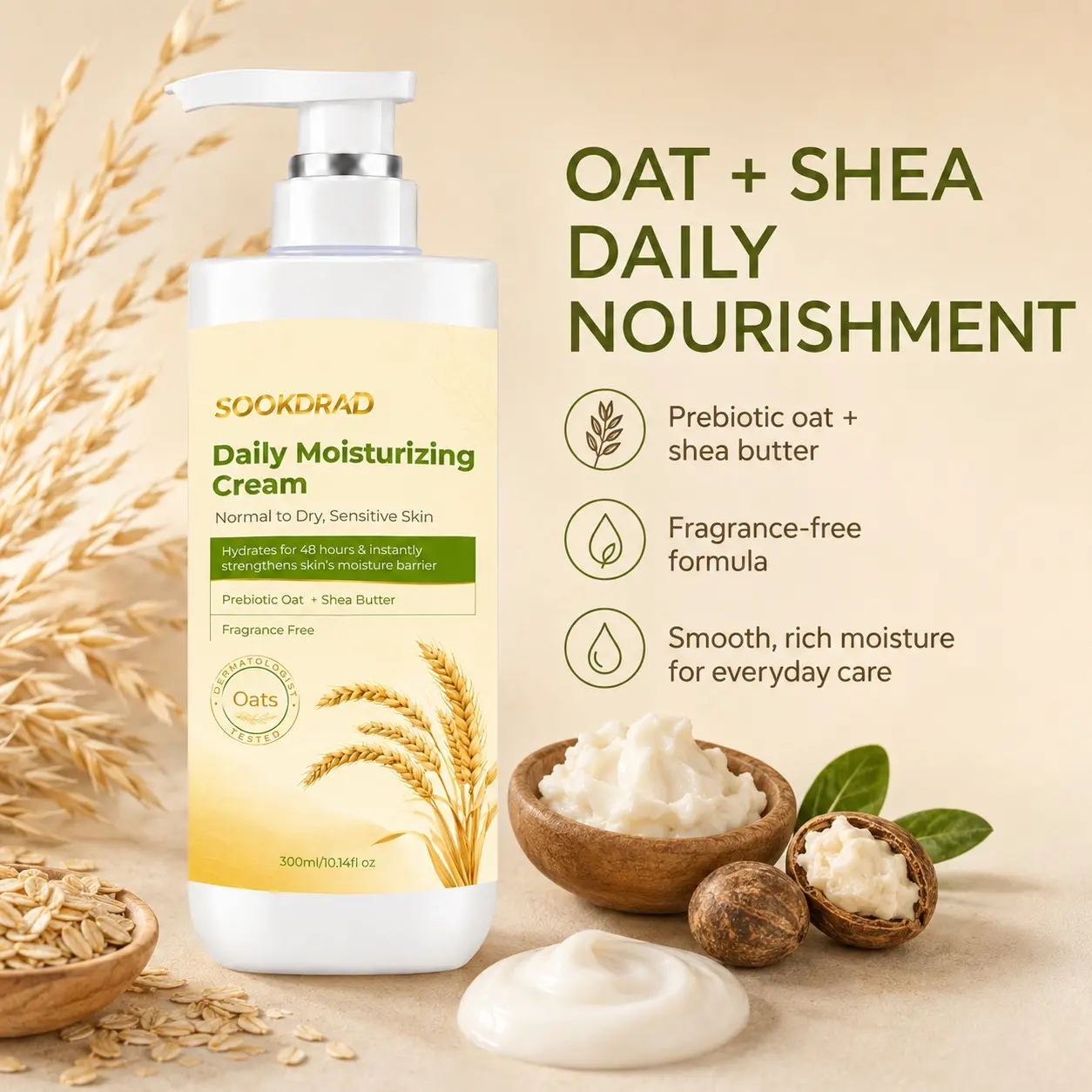 Daily Moisturizing Cream, Prebiotic Oat, Shea Butter, 48-hour hydration, strengthens moisture barrier, fragrance free, dermatologist tested, normal to dry sensitive skin, 300ml/10.14fl oz