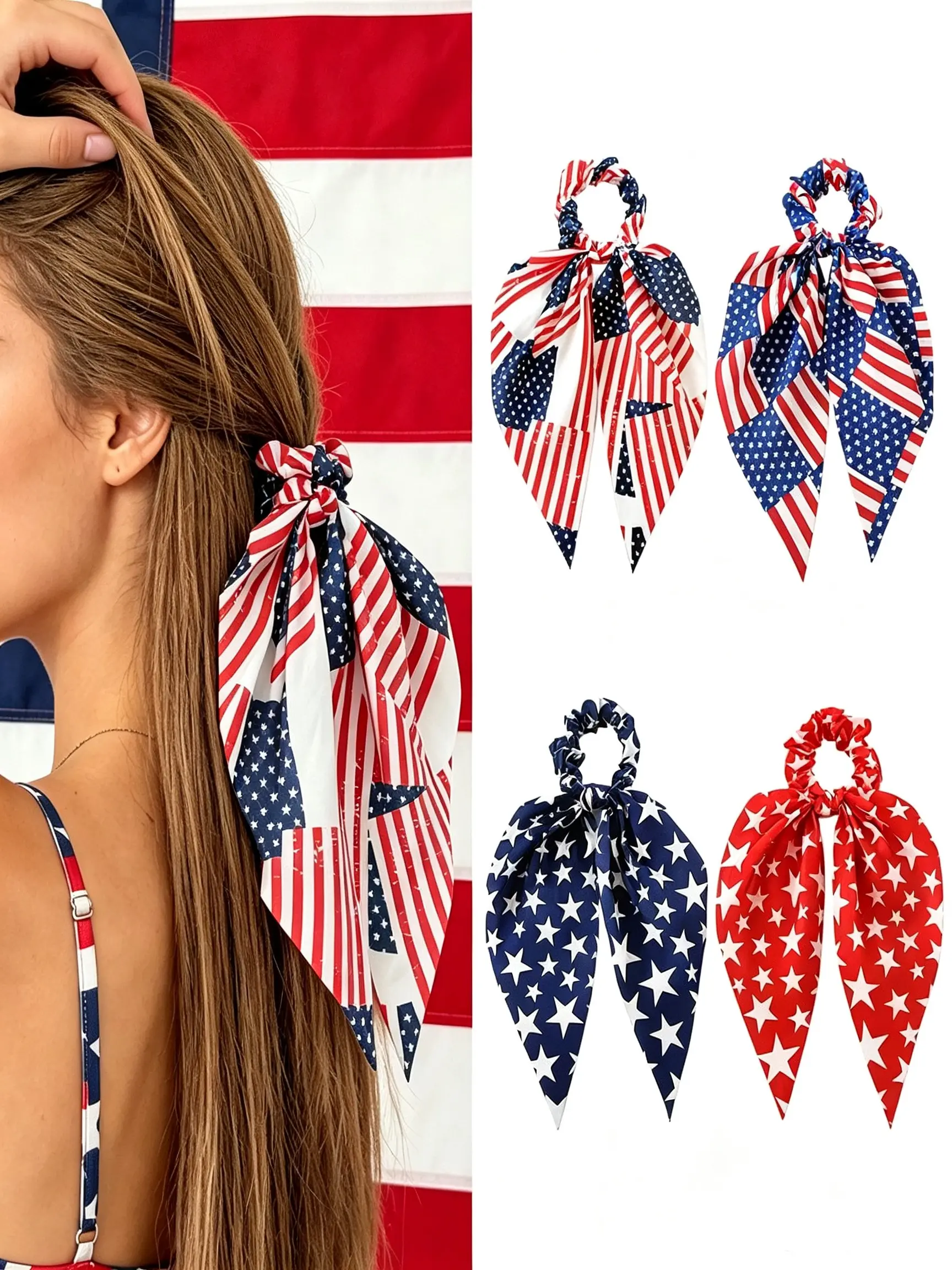Independence Day Scrunchie, Star & Stripe Bow, Long Ribbon Hair Tie, Patriotic Ponytail Holder, American Flag Theme, Holiday Party Accessory