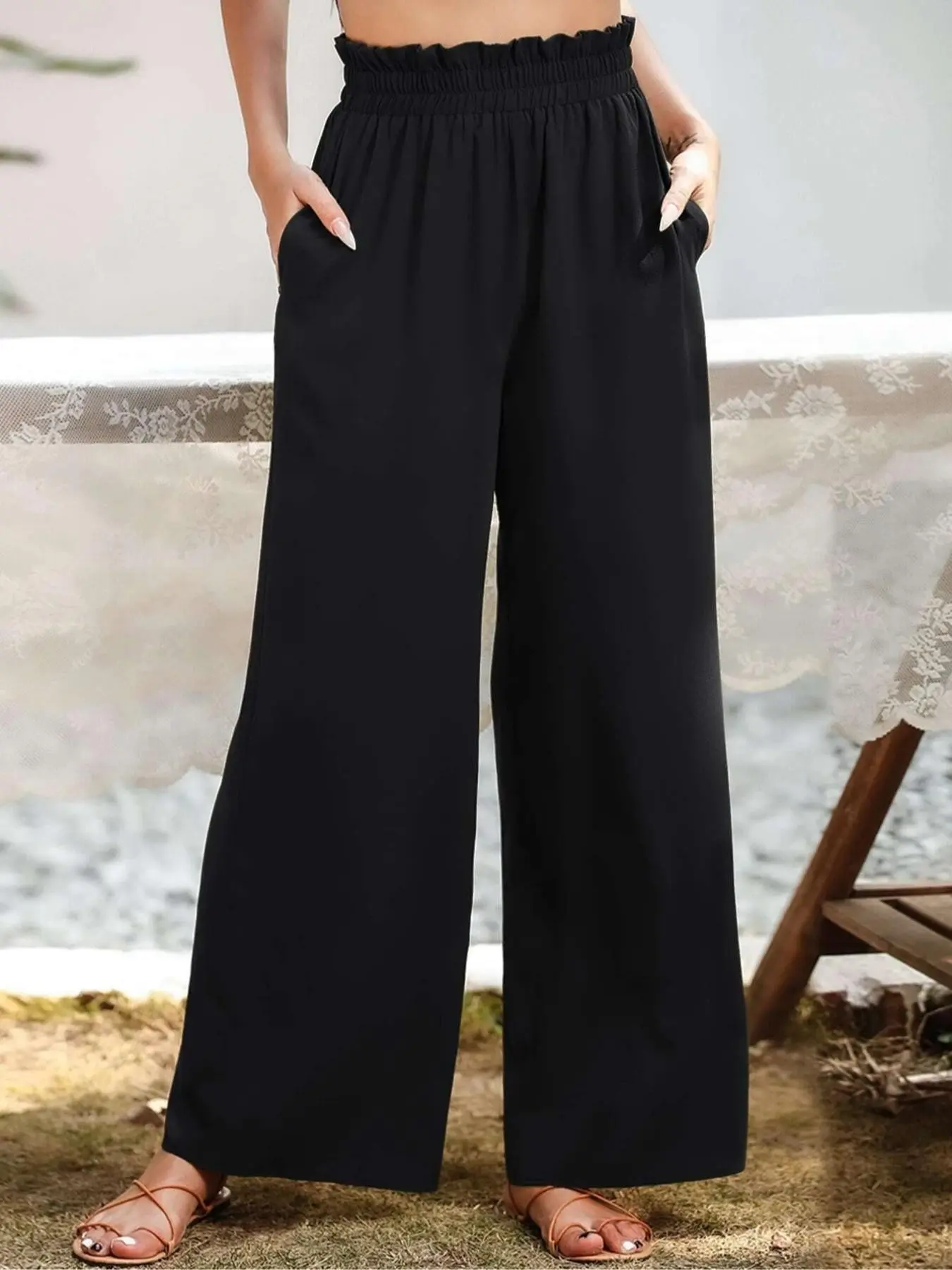 Women's High Waist Wide Leg Pants, Loose-Fitting Chiffon Long Trousers, Side Pockets, Casual Beachwear, All Seasons