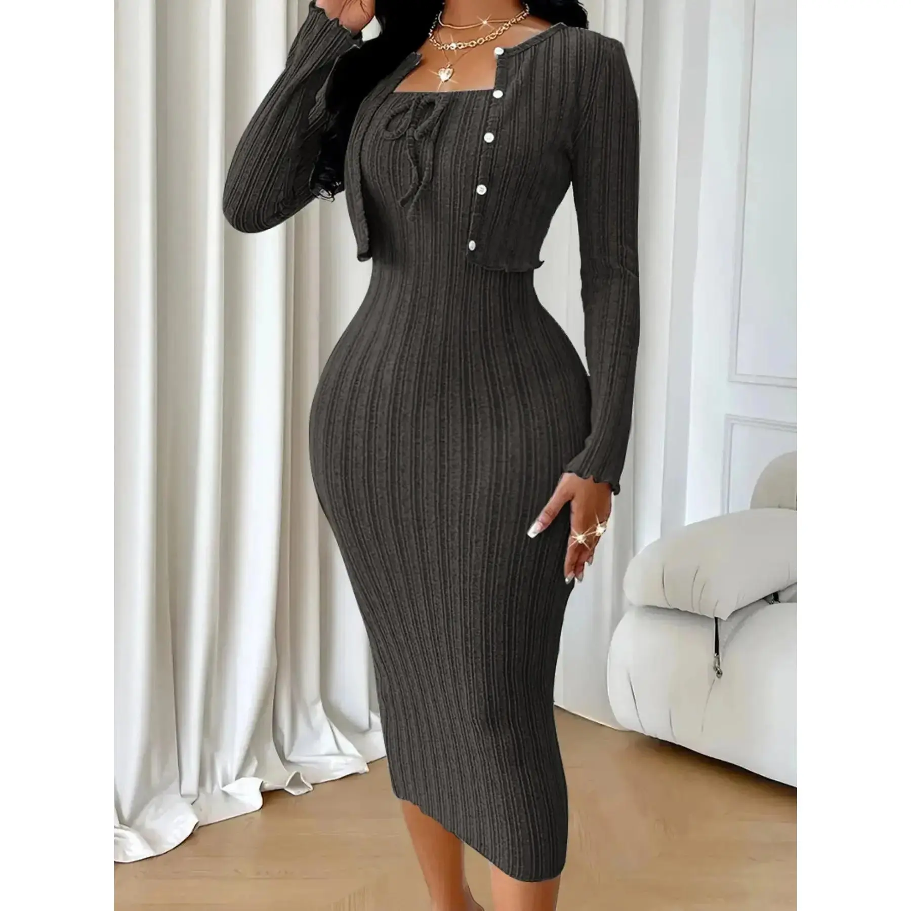 Women's Solid Ribbed Dress & Top Two-piece Set, Casual Style Fashion Cozy Chic Elegance Dress & Top for Daily Outdoor Wear, Ladies Clothes for All Seasons, Summer, Outfit