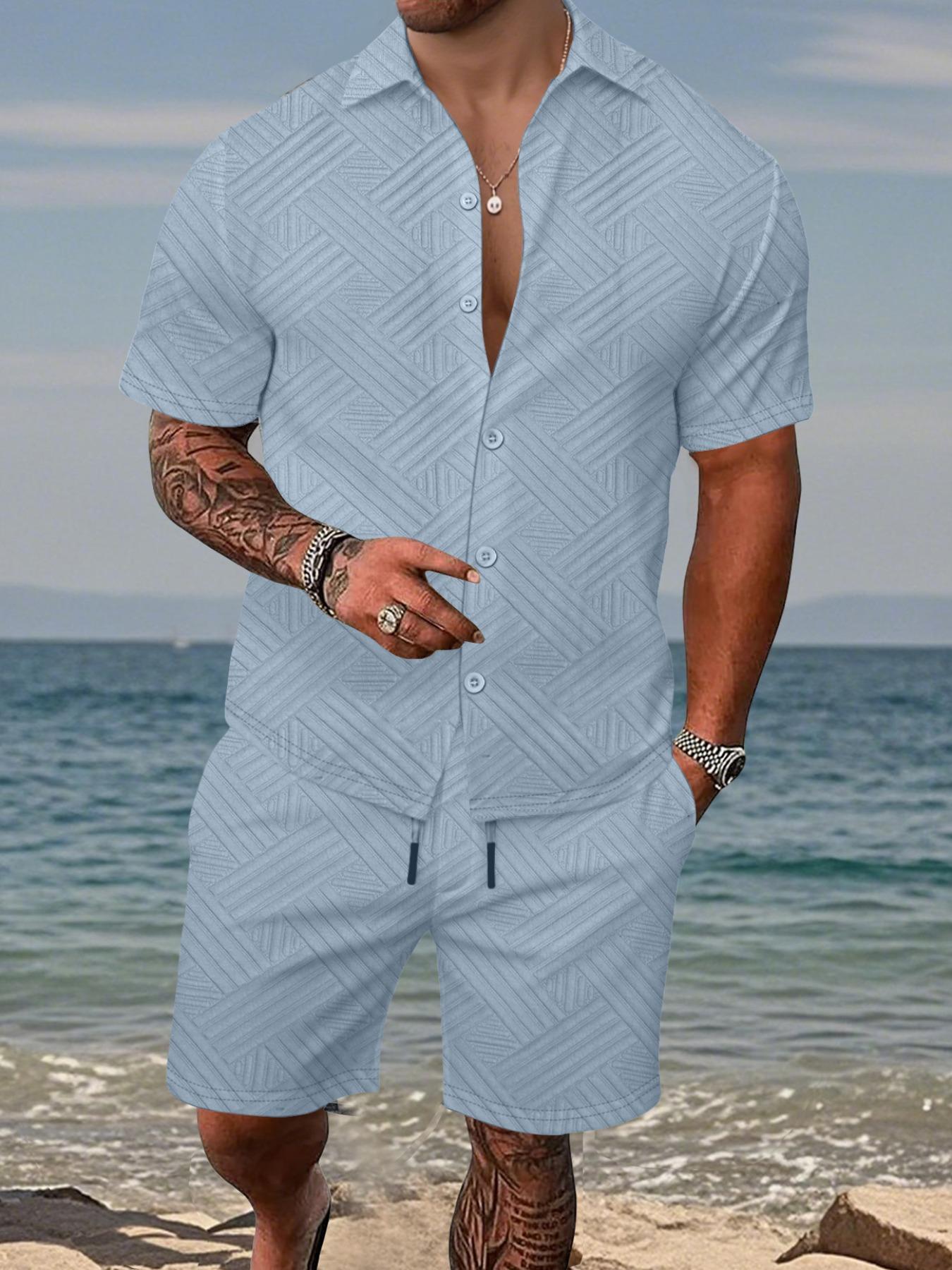 Men's 2-piece set:a short-sleeve button-up shirt paired with drawstring shorts. This summer outfit features a casual, Tropical textured diagonal stripe pattern, perfect for beach getaways, vacations, casual outings, and more—a men's stripe set.