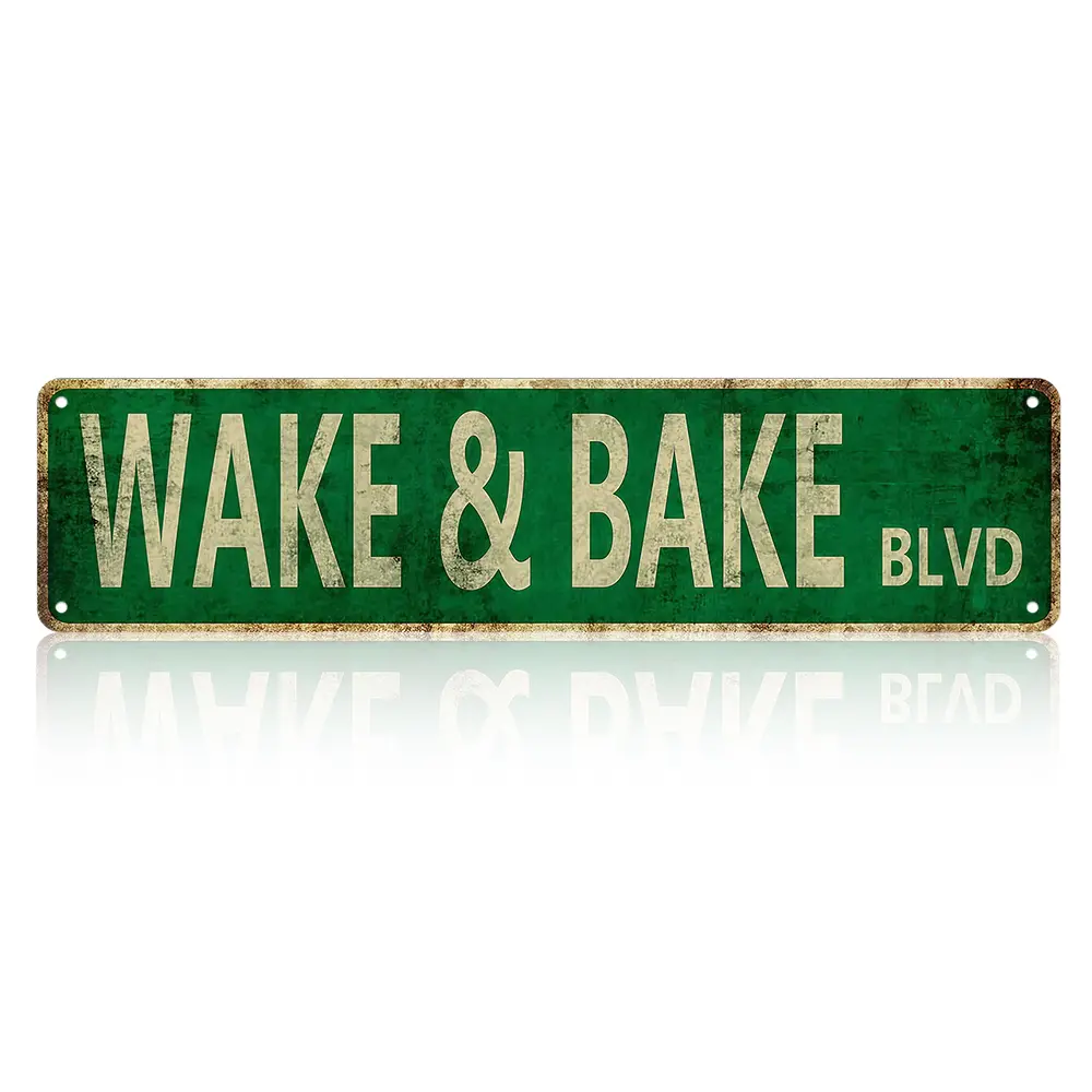 Retro Worn Rust Wake & Bake Boulevard Aluminum Wall Sign - Lightweight Casual Wall-Mount Vintage Home Decor Plaque, Waterproof Anti-Fade Farmhouse Sign with Classic Green Highway Design, Adult Daily Hobby Room Gift for Anniversary