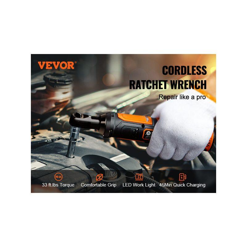 VEVOR 3/8 Cordless Electric Ratchet Wrench Set, 12V 33 Ft-lbs Power Ratchet Tool Kit, 45-Min Fast Charge, 2-Pack 2.0Ah Battery, Built-in LED Light, Variable Speed Trigger, 10 Sockets