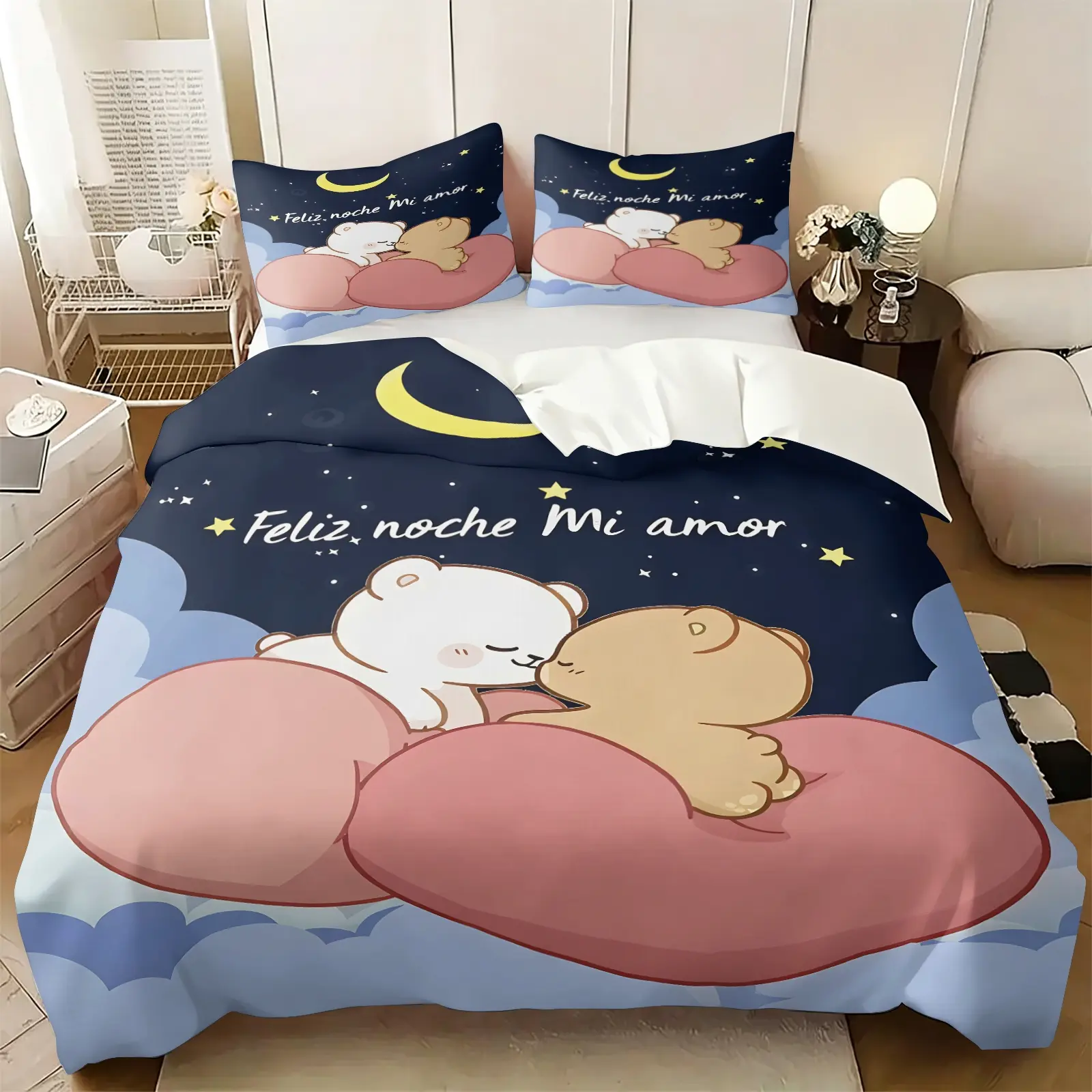 Couple Bear Night Sky Print Duvet Cover Set, Includes 1-2 Pillowcases, Dark Navy Romantic Latin Bedding, Spanish Quote Kawaii Cartoon Bed Set All Size, Skin-Friendly Breathable Fabric, Stylish Girl Bedroom Decor