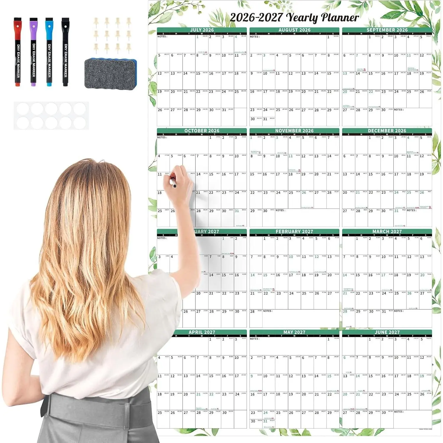 Large Dry Erase Laminated Wall Calendar 2026-2027, 32" x 48" Yearly Monthly Family Vertical Calendar for Office, July 2026 - June 2028 (Leaf)