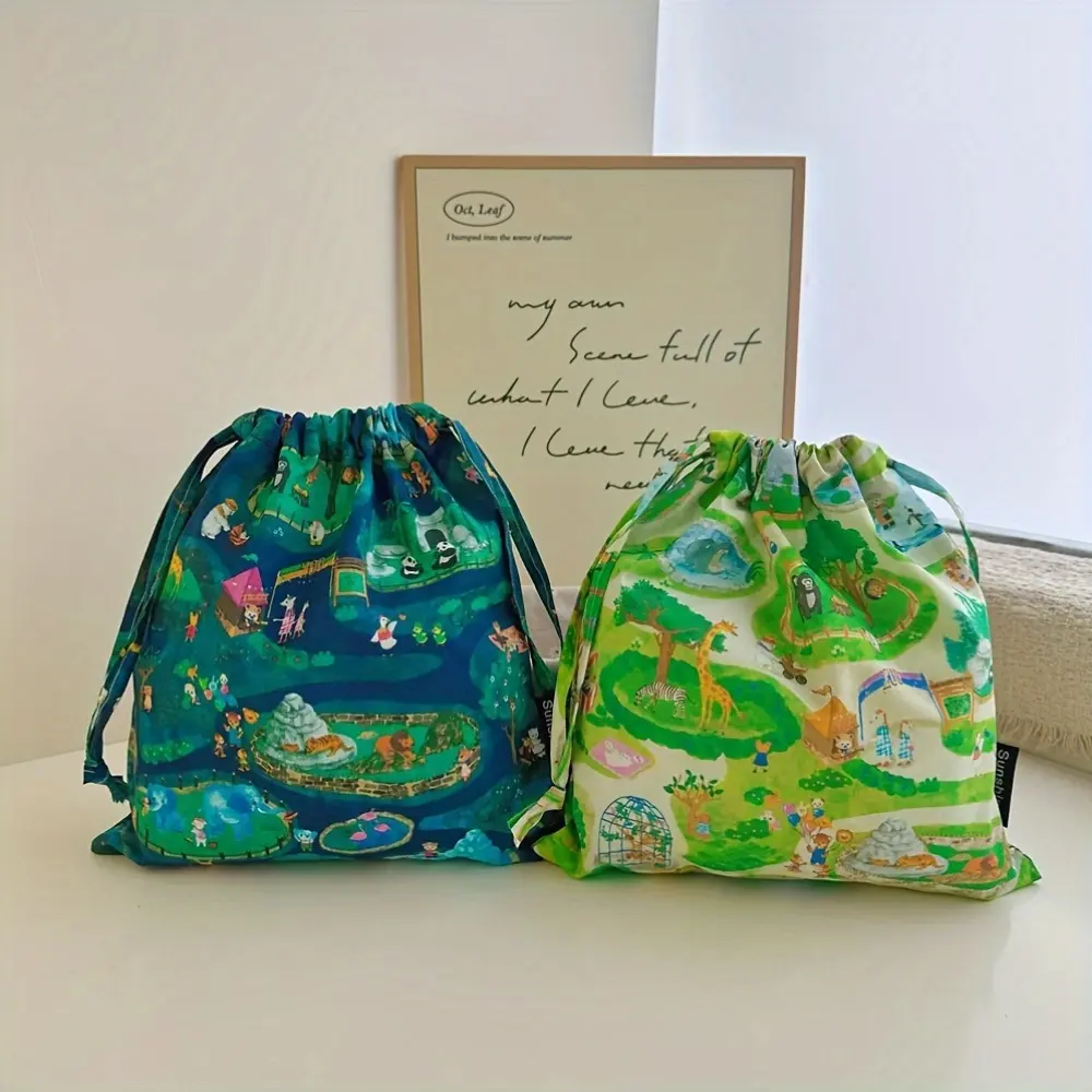 Cute Zoo-Print Drawstring Pouch (10x11 in) - Hangable Organiser Pouch, Storage Bags, Portable Storage Bags, Drawstring Pockets for Small Item Storing, Gift Packaging, Home Use, Hangable Organizer Pouch