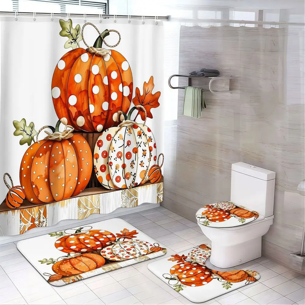 4pcs Whimsical Pumpkin Patch Bathroom Decor Set, Cute Orange Polka Dot Pumpkins & Fall Leaves Print, Cozy Autumn Harvest Vibes, Thanksgiving Home Aesthetic, Trending TikTok Style