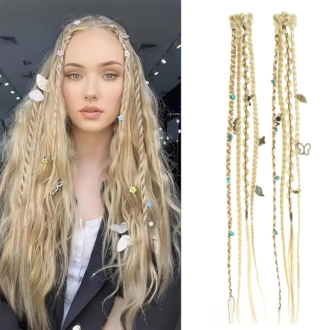 Clip in braids, 2PCS 16Inch Dreadlock Extensions with Beads & Chains, Viking Boho Braids for Cosplay, Renaissance Festival, Daily Styling (Light Blonde, 16 Inch)