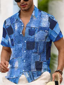 Men's Denim Patchwork Printed Short Sleeve Shirt, Casual Fitted Blouse, All over Print, Digital Printing, All Seasons Wear