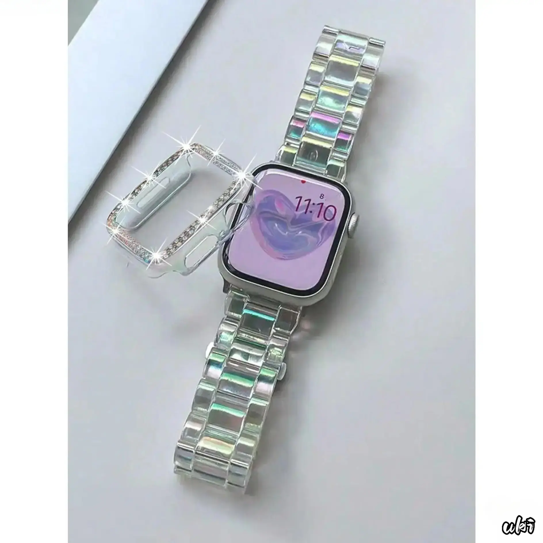 2Pcs Apple Watch Band & Protective Case Set, Transparent Rainbow Resin Strap With Double Row Diamond Openwork Electroplated Half Wrap Anti-Drop Shell Sizes 38–49Mm, Aesthetic Jewelry Accessory For Women Daily Wear