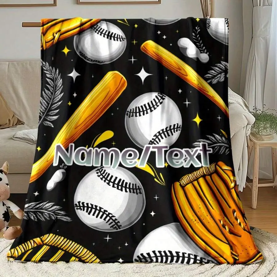 Custom Name-Text Baseball Graffiti Flannel Throw Blanket, Personalized Street Style Sports Motif Design, Soft Cozy Warm Wrinkle Resistant Throw for Couch & Bed, Teen Boys Baseball Theme Gift, Customizable Team Slogan Bedroom Decor