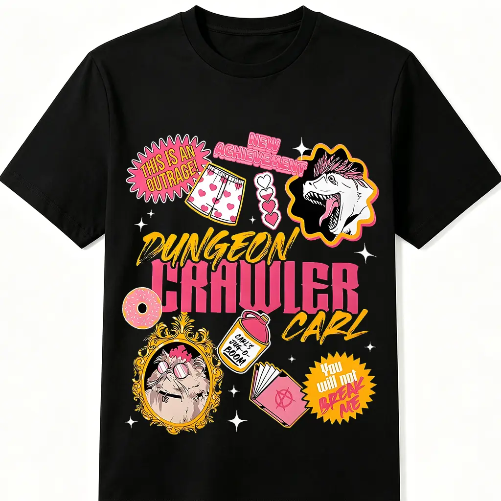 Men's Custom Cotton Fabric All Seasons Short-Sleeve Round Neck Casual Graphic Print Lit RPG Theme Top - LitRPG Fan Gift Tee with Dungeon Crawler Carl, Princess Donut, Carl's Jug-O-Boom, This Is An Outrage, New Achievement, You Will Not Break Me Designs