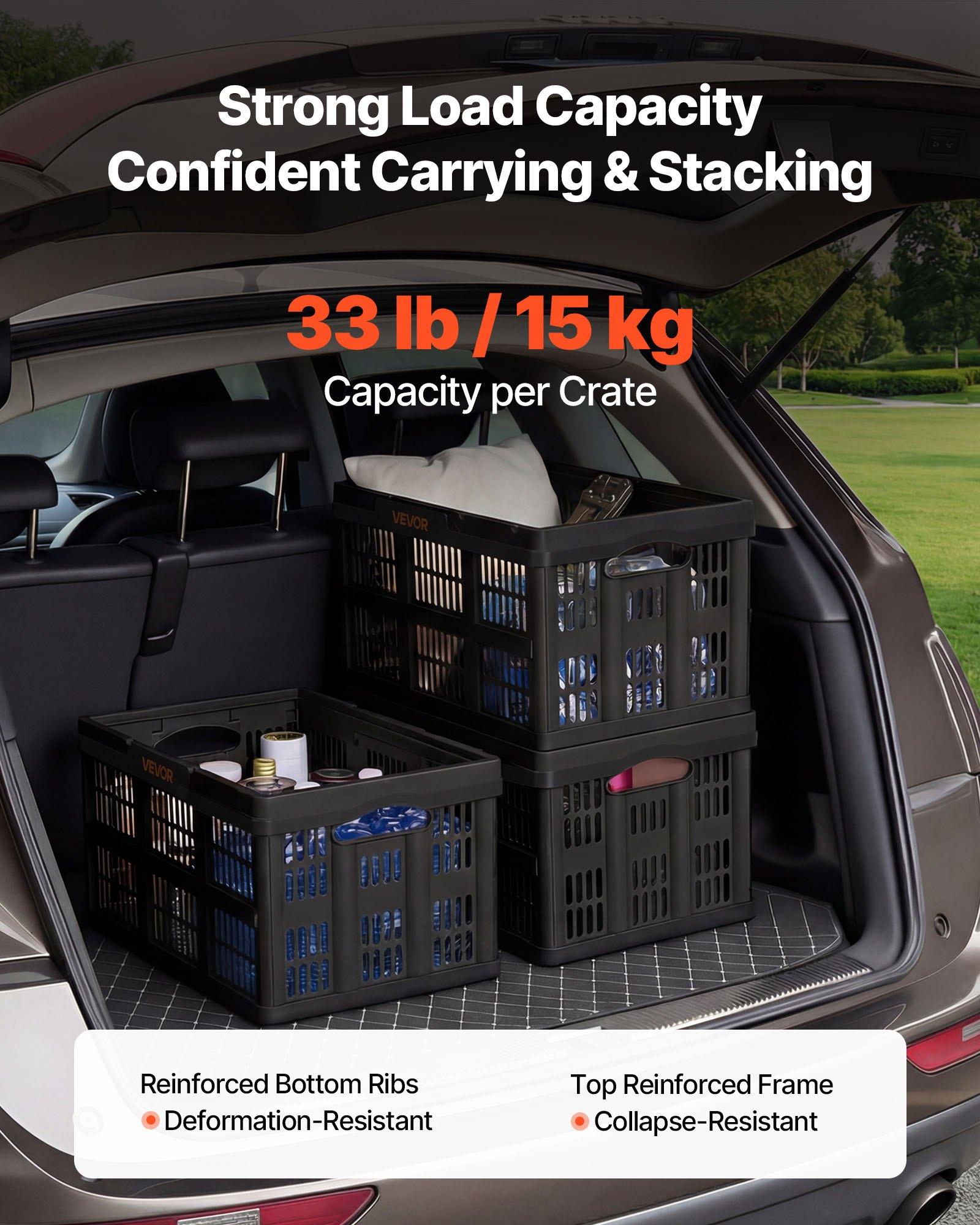 VEVOR Plastic Collapsible Storage Bins, 45L 3 Packs, Stackable Folding Storage Crates with Handles, Holds 33 lbs Per Bin, Foldable Heavy Duty Containers, Space-Saving Baskets, for Home Organizing