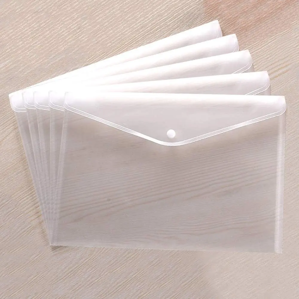 Transparent Waterproof Plastic Document Envelopes with Snap Button Closure for A4 Letter Paper Size 5 Pcs