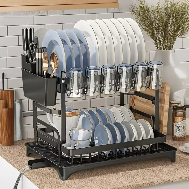 2 Layer Kitchen Counter Dish Rack, Foldable Draining Rack, Storage Holder for Plates Bowls Pots Utensils, Kitchen Accessories