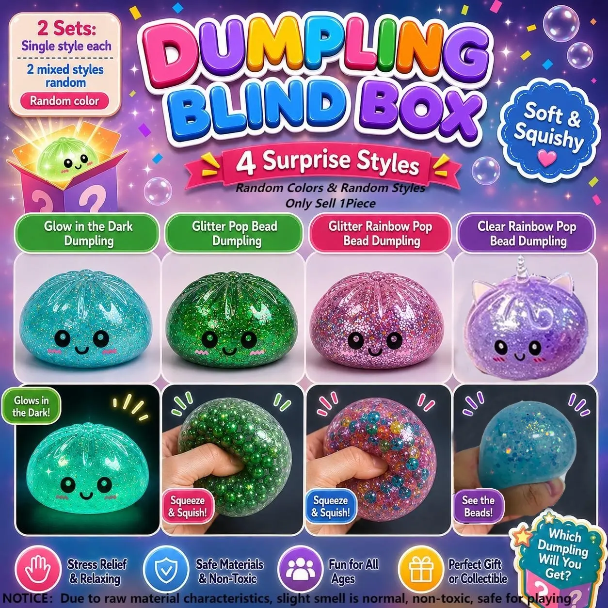 Dumpling Mystery Box Surprise Pack - 4 Random Styles Including Glow in The Dark, Clear Gold Glitter Bead, Color Gold Glitter Bead & Clear Color Bead Dumplings, Squishy Sensory Stress Relief Toy, Collectible Gift