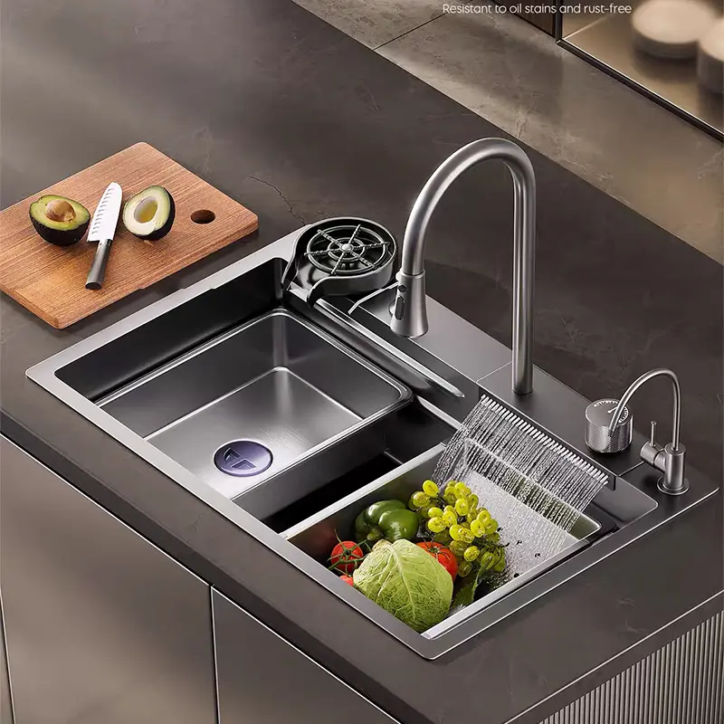 Luxury Waterfall Workstation Kitchen Sink 304 Stainless Steel Gunmetal Black Sink Set with High Pressure Cup Washer & Pull Out Spray Faucet Full Accessory Pack for Modern Farmhouse Kitchen