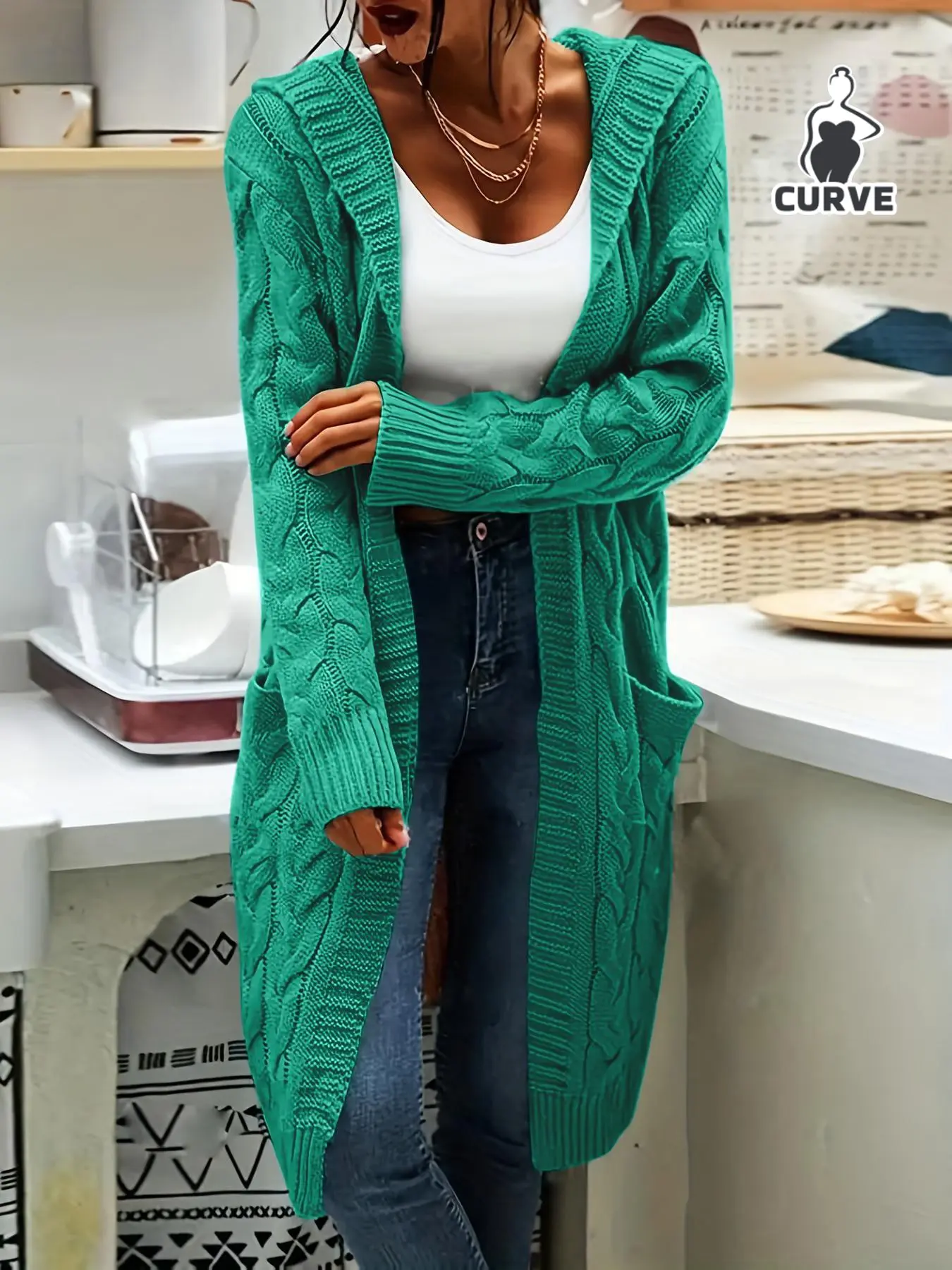 Plus Size Women Solid Hooded Long Cable Knit Cardigan, Long Sleeve Open Front Sweater Coat, Casual Elegant Outerwear for Spring & Fall, Ideal for Daily Commute, Date, Office, Party & Vacation