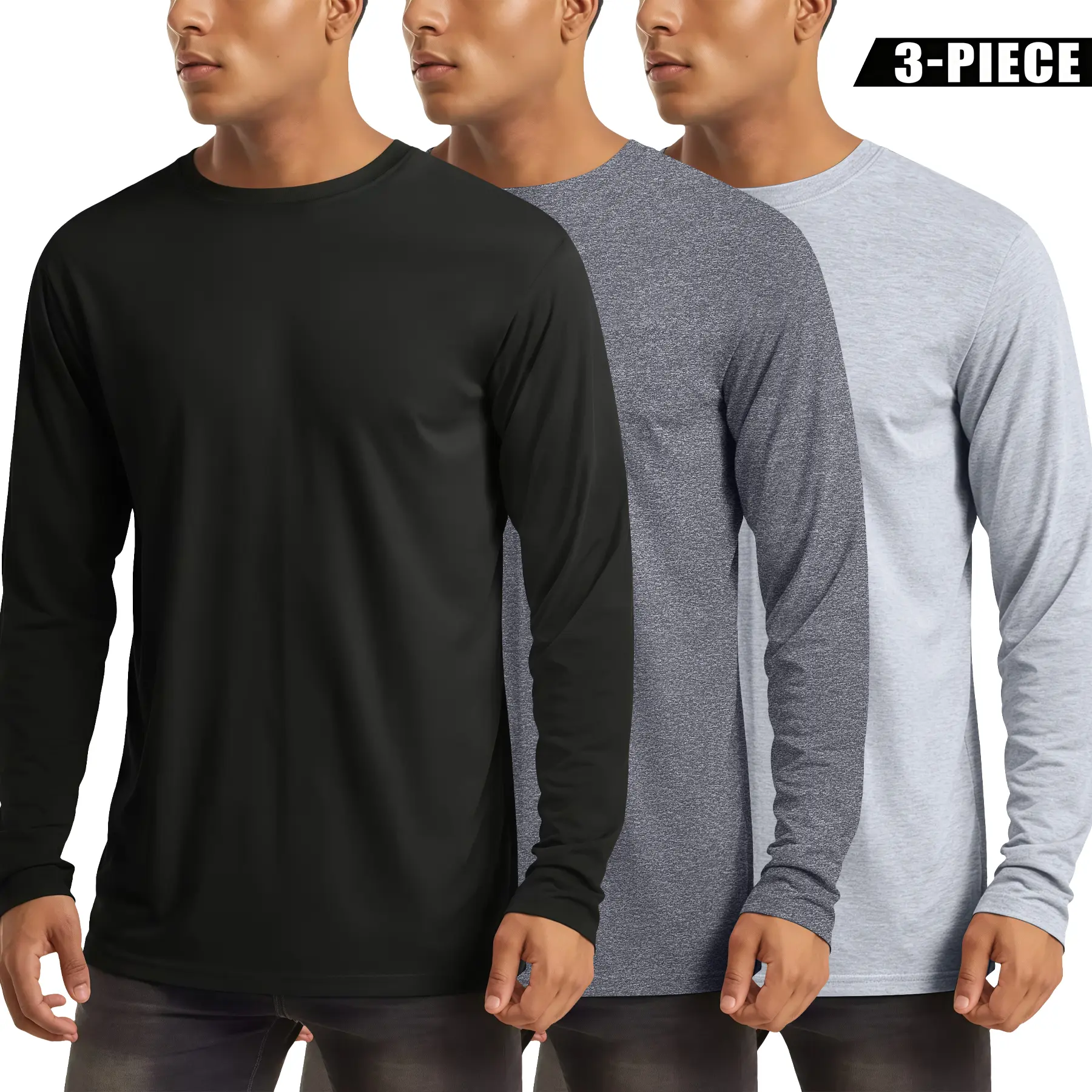 Men's 3-Pack Vintage Long Sleeve Tees, Plain Round Neck Fashion Menswear with an Extended Length Cut for Gym Workouts & Casual Wear