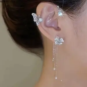 Dangling Tassel Ear Cuff for Women, Aesthetic Butterfly Flower Design With Sparkly Rhinestones, Gold-Tone Non-Pierced Ear Wrap Jewelry for Daily Styling And Party Occasion Matching