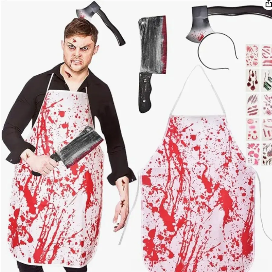 Halloween Costume Set, Horror Props Kit, Blood Stained Apron, Realistic Knife, Tattoo Patches, Party Prank Decorations